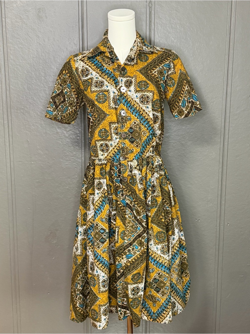 Vintage Geometric Mosaic Print Shirtwaist Dress